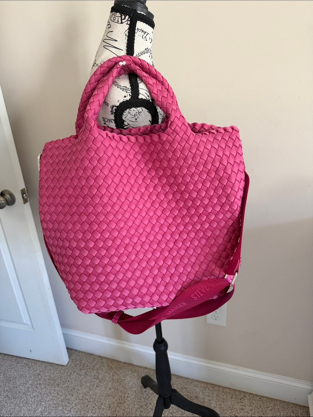 Steve Madden Woven Hot Pink Tote with Crossbody Strap